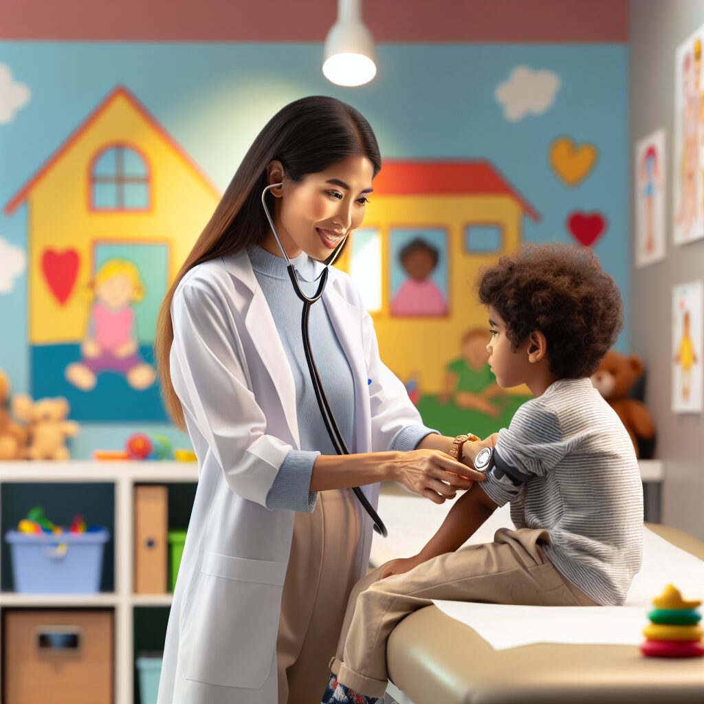 A caring pediatrician conducting a routine medical examination on a 6-year-old child, measuring growth and checking vital signs in a bright and friendly medical office.