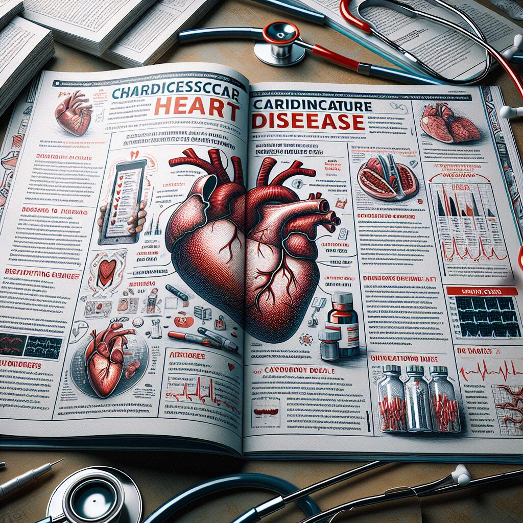 Un magazine médical ouvert montrant des articles sur les maladies cardiovasculaires et des conseils de santé, avec des illustrations de cœurs et d'outils médicaux, dans un cadre accueillant et informatif.