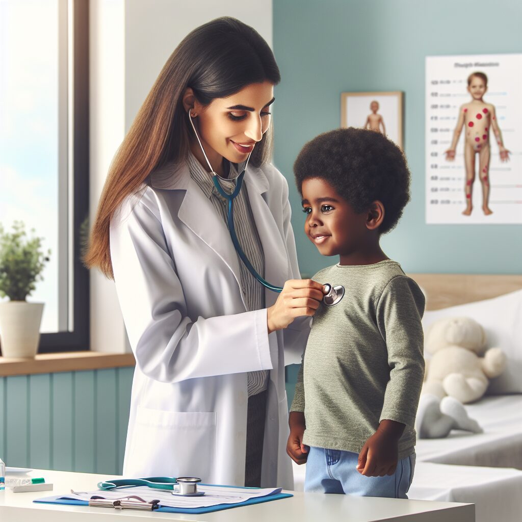 A thoughtful pediatrician conducting a health check-up on a cheerful 6-year-old child, in a bright and friendly medical environment, symbolizing child health and care in 2025.