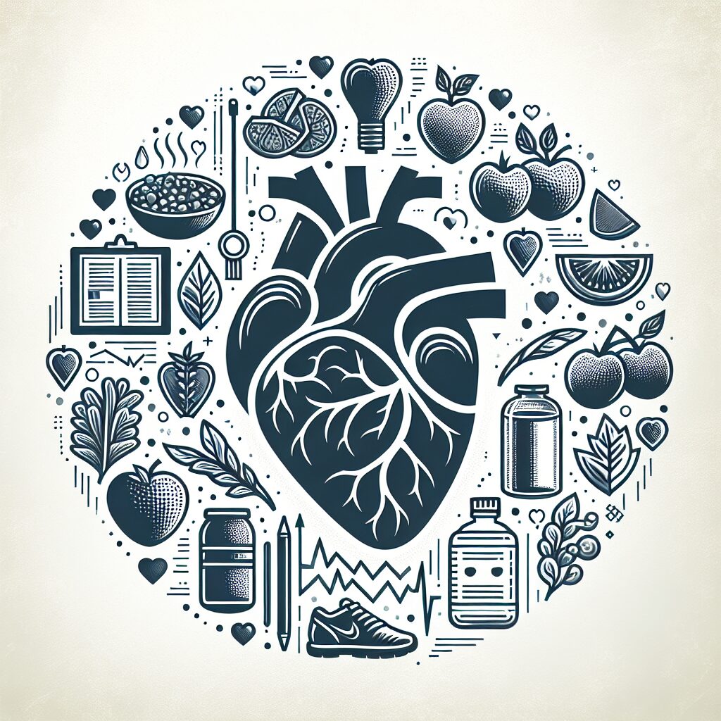 A heart, stylized with a background representing various lifestyle changes like healthy food and exercise, depicting the theme of cardiovascular risk factors and prevention.