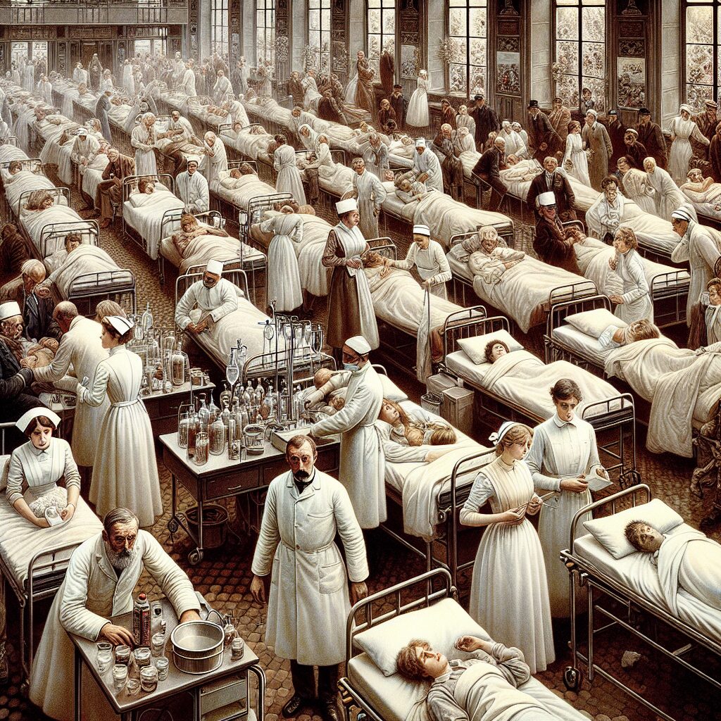 A depiction of a busy French hospital ward during a severe flu epidemic, with nurses and doctors caring for patients. The atmosphere is tense, reflecting the gravity of the situation during the 2025 flu season in France.