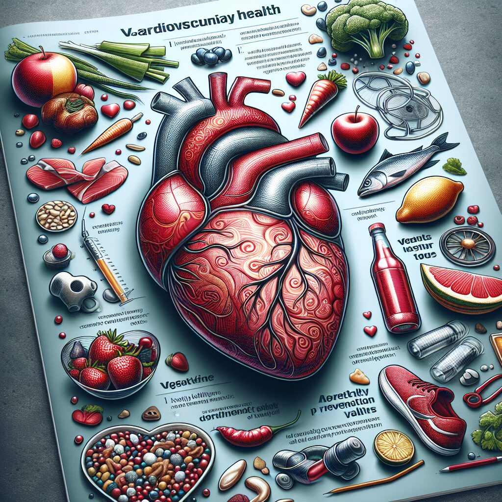 A magazine cover featuring elements representing cardiovascular health, such as a heart, healthy food, and an active lifestyle, with a focus on daily habits and prevention.