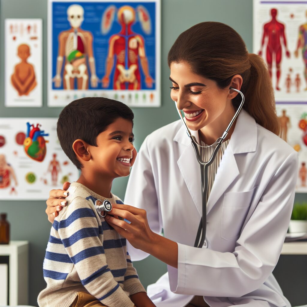 A medical examination room with a friendly pediatrician examining a 6-year-old child, showing a stethoscope, medical charts, and colorful educational posters in the background. The child is smiling and appears healthy.