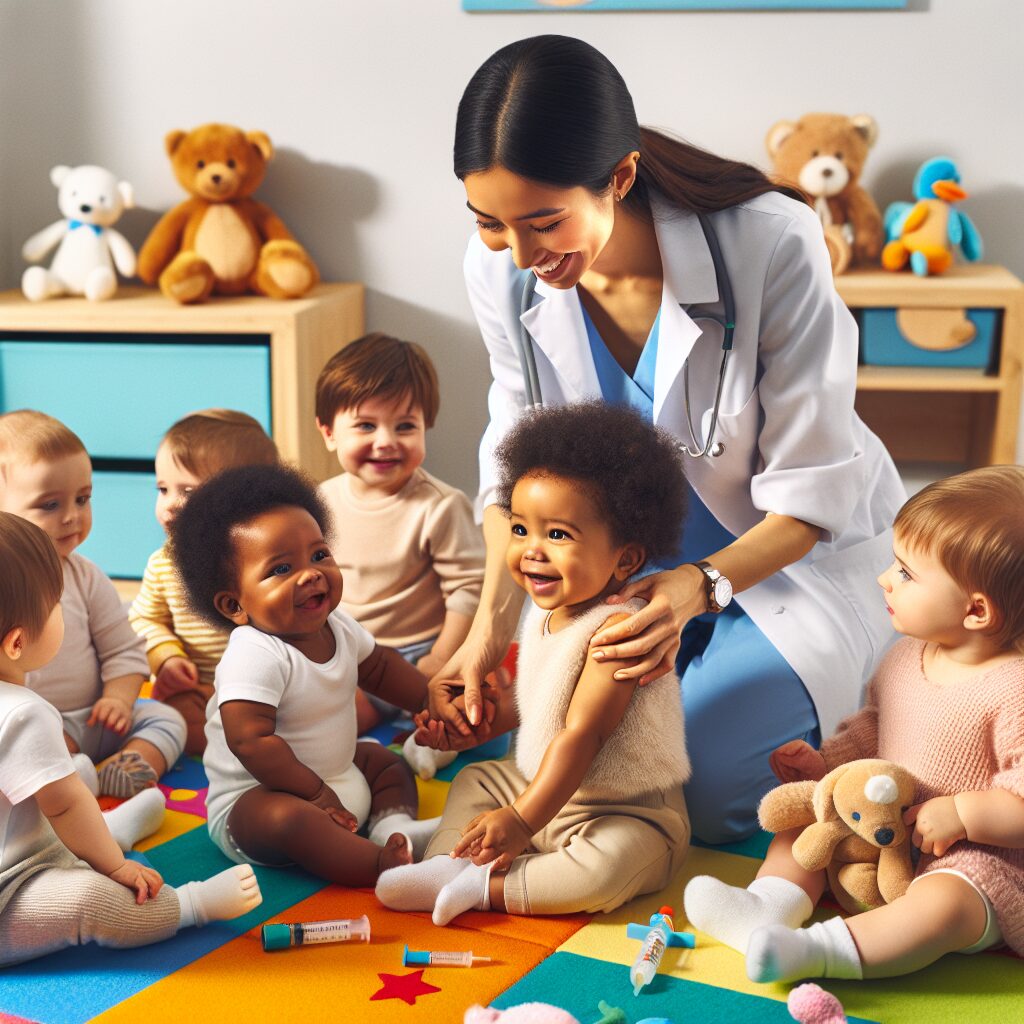 A group of diverse and happy infants playing on a colorful playmat, surrounded by soft toys, with a healthcare professional gently administering a vaccine. The room is bright and cheerful, reflecting a feeling of safety and care, illustrating a modern healthcare setting.