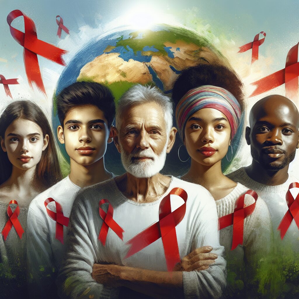 An inspiring image symbolizing global solidarity against AIDS, featuring diverse individuals of various ages and backgrounds, united in a fight against HIV, reflecting hope and health awareness.