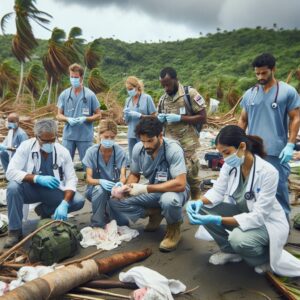 A team of healthcare reservists in action on the tropical island of Mayotte. They are working in a post-cyclone environment, providing medical aid and support to the local community. The scene captures various healthcare professionals, including doctors and nurses, in their practical gear, emphasizing a collaborative and urgent effort in a lush, green tropical setting with visible cyclone aftermath.