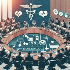 A dynamic illustration of a parliamentary debate with politicians actively discussing the budget for social security, emphasizing legislative papers, and an overlay showing medical icons like stethoscopes and hospital symbols, in a modern and informative style.