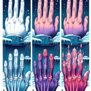 Illustration des étapes du syndrome de Raynaud avec des doigts passant du blanc au violet, puis au rouge, dans un environnement froid.