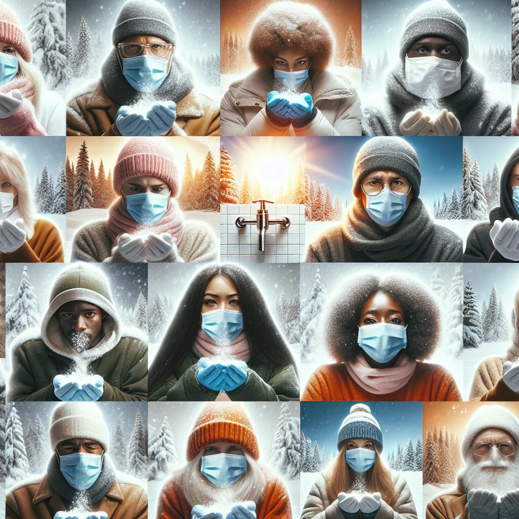 An illustration of a cozy winter scene, depicting individuals practicing health precautions such as wearing masks, washing hands, and airing out a living space, set against a snowy backdrop.