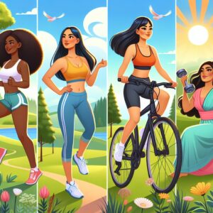 An illustration of women engaging in various forms of exercise like jogging, yoga, and cycling, highlighting diversity and empowerment, set in a vibrant outdoor environment.