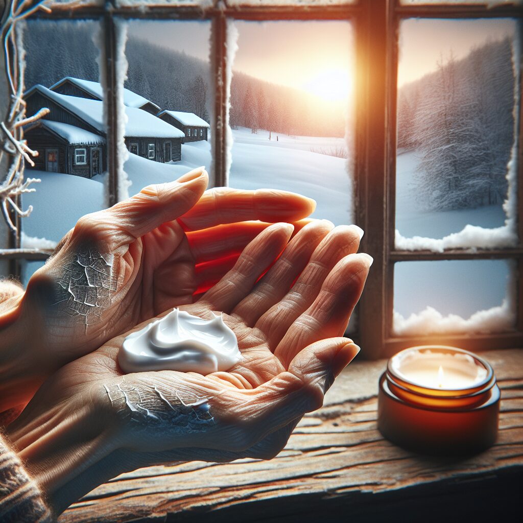 A pair of dry, cracked hands being moisturized with a rich cream in a cozy, warm indoor setting. The scene is set by a window with a snowy landscape outside, emphasizing winter conditions. The focus is on self-care and healing, with a gentle, warm light illuminating the scene, highlighting the texture and details of the skin and cream.