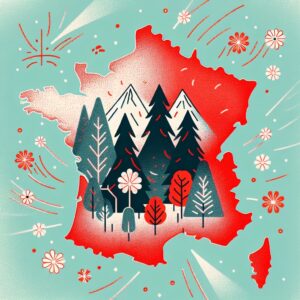 Illustration showing France map with red zone covering most areas except northwest, symbolizing high pollen alert. Spring atmosphere with trees like hazel, alder, cypress, ash, and pollen particles in the air.