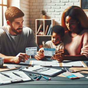 A family at a table with two health insurance cards, symbolizing shared medical coverage for a child. The ambiance is informative and supportive, focusing on the concept of insurance paperwork.