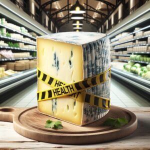 A block of Morbier cheese with a visible ash line, on a wooden cutting board, surrounded by a caution tape symbolizing a health alert. Supermarket interior background with soft lighting.