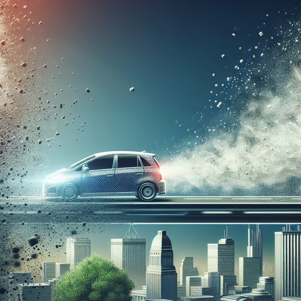 Illustration d'une voiture freinant, mettant en évidence la dispersion de particules fines dans l'air, avec un fond de ville pour symboliser l'environnement urbain.