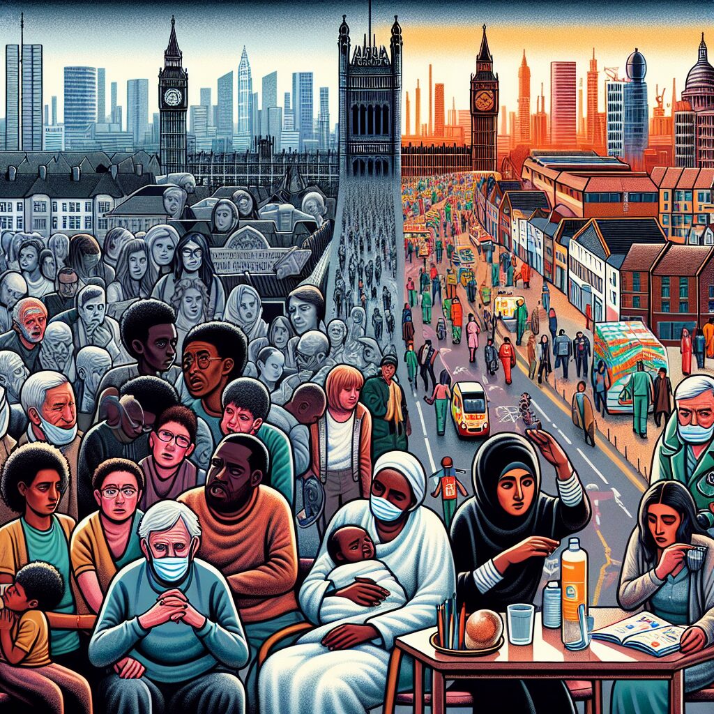 An illustrative image depicting social and economic disparities during the Covid-19 pandemic in France, showing diverse groups of people in different socioeconomic settings, with a focus on healthcare access, vulnerability, and community support during the crisis.