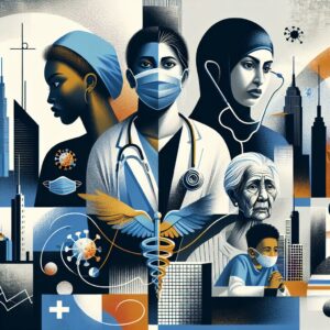 A representation of diverse individuals affected by the pandemic, showcasing social and health inequalities. Include elements like diverse faces, city landscapes, healthcare symbols, and abstract representations of social division.