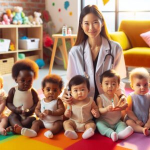 A group of diverse infants, sitting on a colorful playmat, with a caring healthcare professional holding a vaccine. The setting is bright and welcoming, depicting health and protection for the future generation.