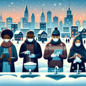 An informative illustration depicting people practicing winter hygiene measures like wearing masks, washing hands, and ventilating their homes, against a backdrop of a snowy urban scene.