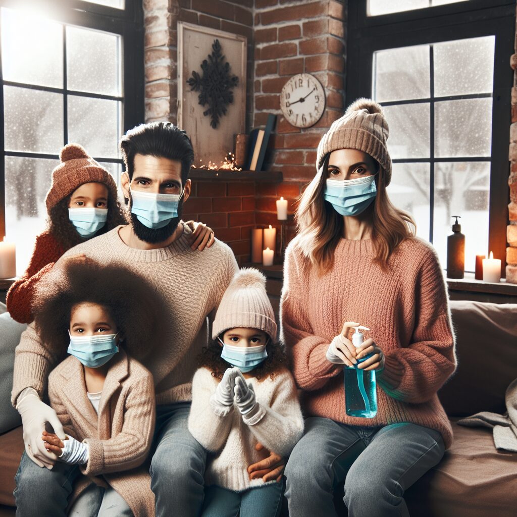 A family wearing masks and using hand sanitizers in a cozy, warmly lit living room, with a window open to cold winter air, showing snow outside. The image conveys a sense of warmth and health vigilance during the winter season.