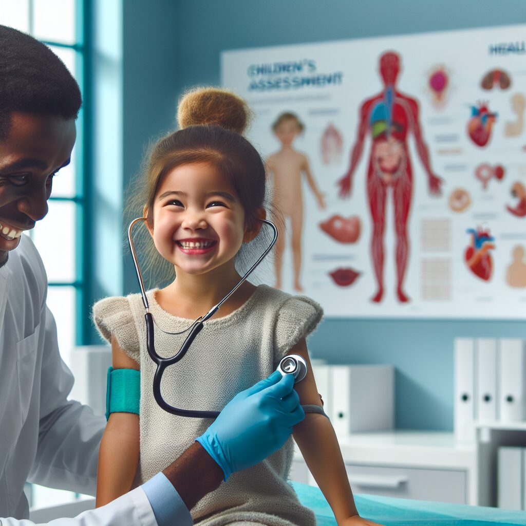 Children's health examination: A 6-year-old child during a medical check-up in a bright and friendly pediatrician's office. The child is smiling, the doctor is using kid-friendly medical tools, with posters of educational health diagrams on the walls.