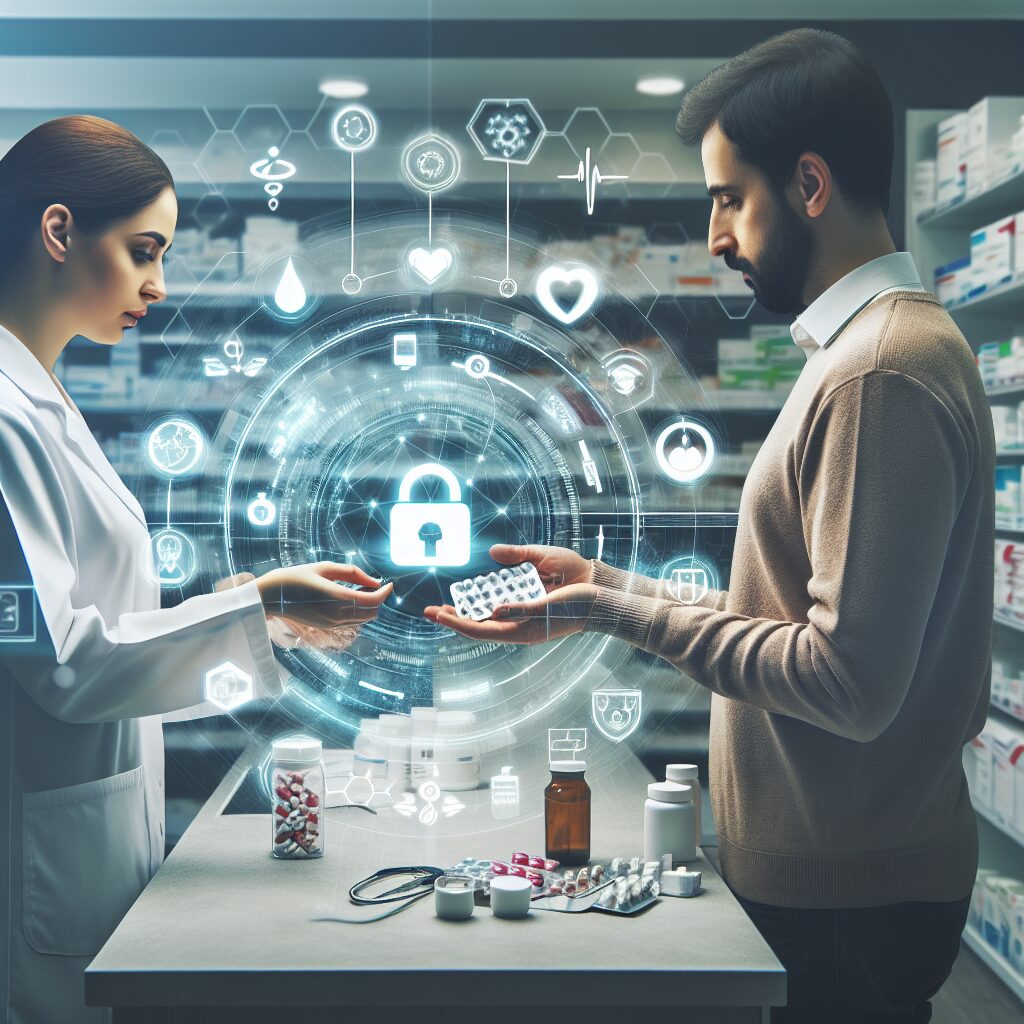 A conceptual image showing a pharmacist handing over medications to a patient, with elements representing digital health data exchange, like an app interface, in a healthcare setting.