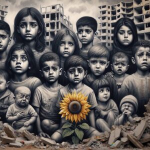 A powerful and emotional image showing Ukrainian children affected by war, with expressions of sadness and determination, amidst a background of damaged buildings and a symbol of hope like a sunflower.