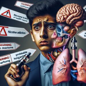 A dramatic and informative image showing a concerned teenager holding a vaping device, surrounded by warning signs about nicotine addiction and health risks. The background should depict an abstract representation of lungs and brain affected by vaping with warning symbols.