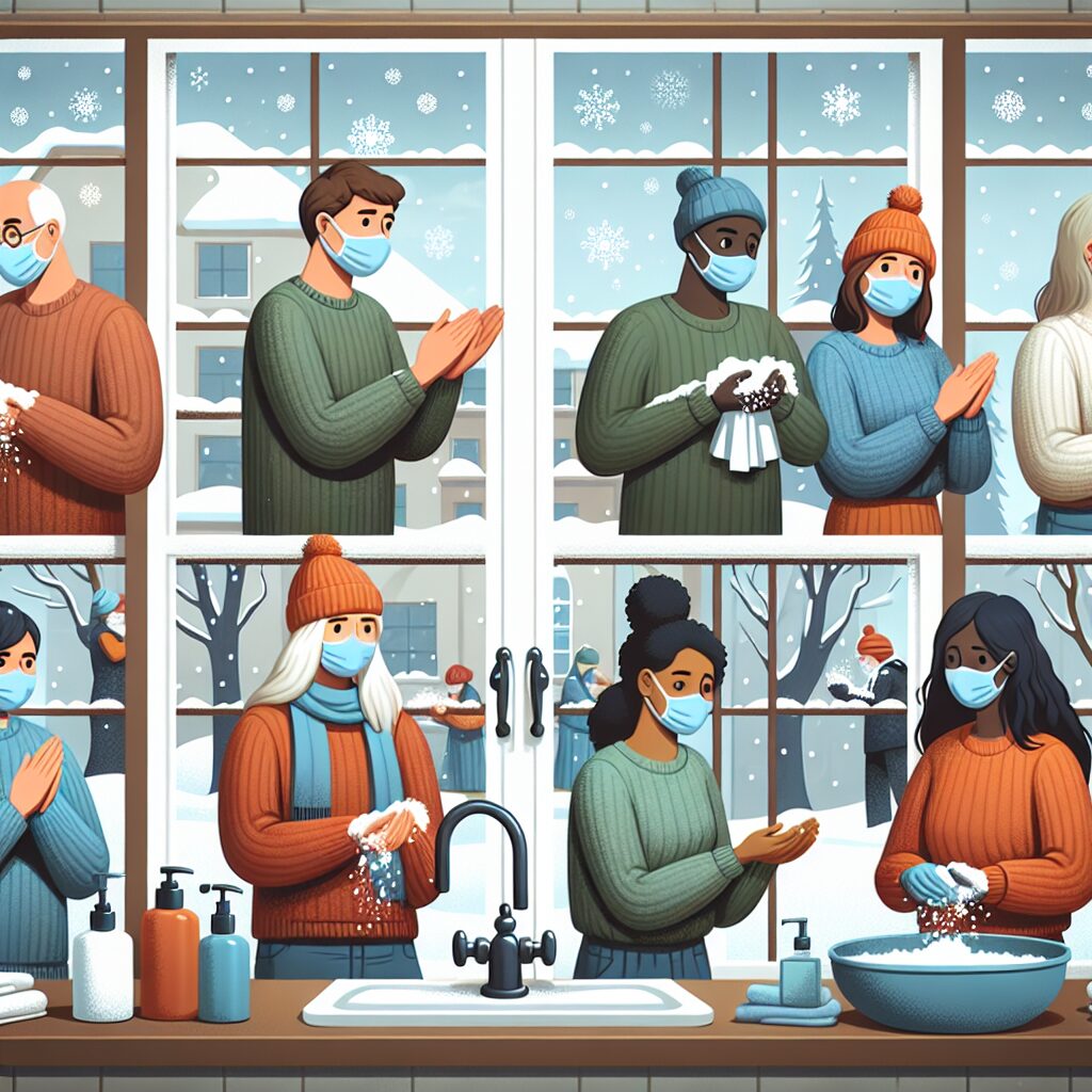 A diverse group of people of different ages, wearing masks, washing hands, and ventilating a room by opening windows during winter, set in a cozy indoor environment with visible winter elements outside such as snow and bare trees, highlighting preventive health practices.