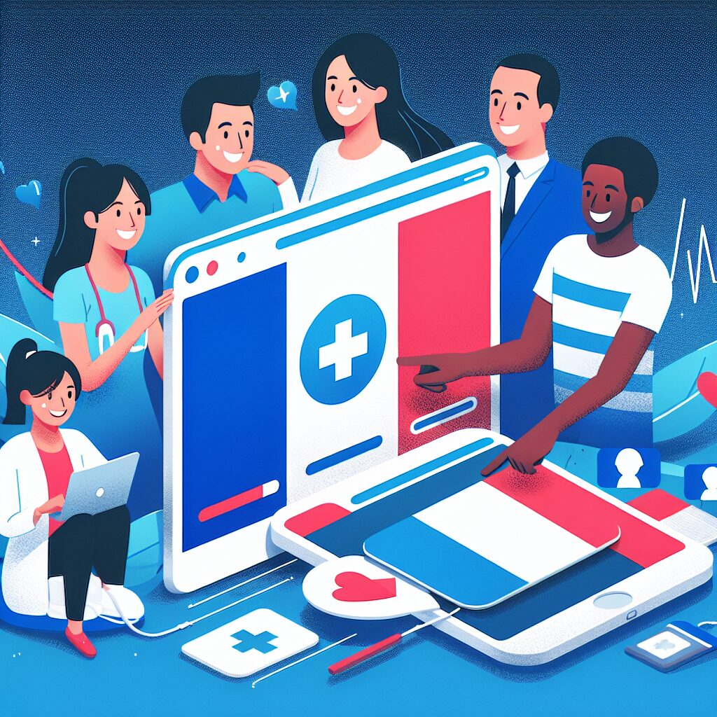 Illustration showing a diverse group of people happily using a mobile app and website featuring the French flag colors, symbolizing widespread use of digital health services in France.