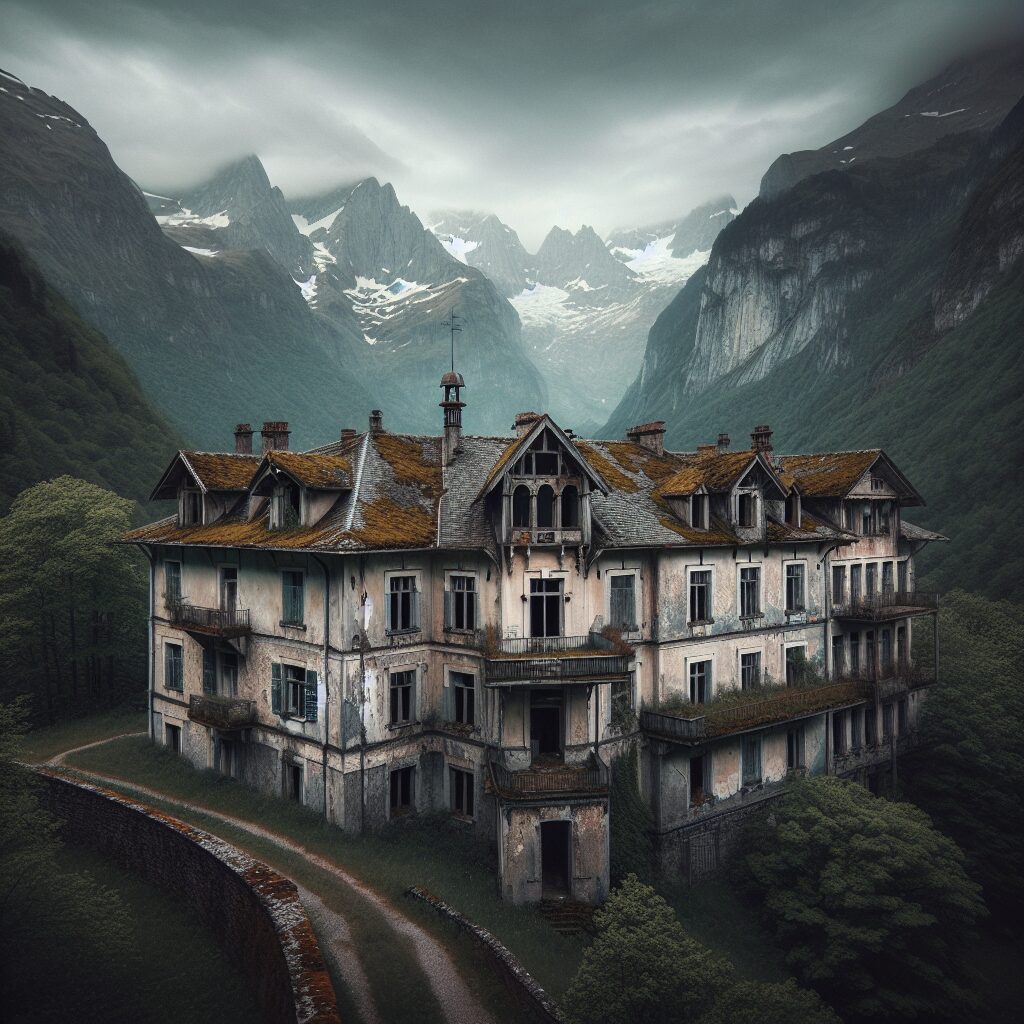 Image d'une maison de retraite vide et abandonnée, avec des éléments dégradés montrant une négligence, située dans un cadre montagneux typique des Alpes-Maritimes, sous un ciel nuageux, avec une atmosphère sombre et désolée.