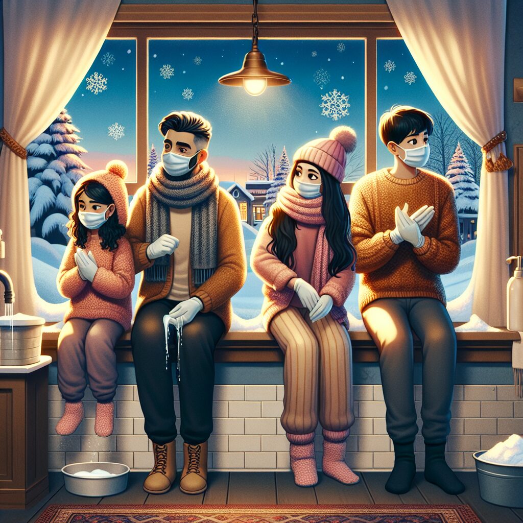 A cozy winter scene with a family indoors, wearing masks, and practicing hygiene measures like hand washing and ventilation. Soft lighting suggests warmth and safety, with a winter landscape visible through a window.