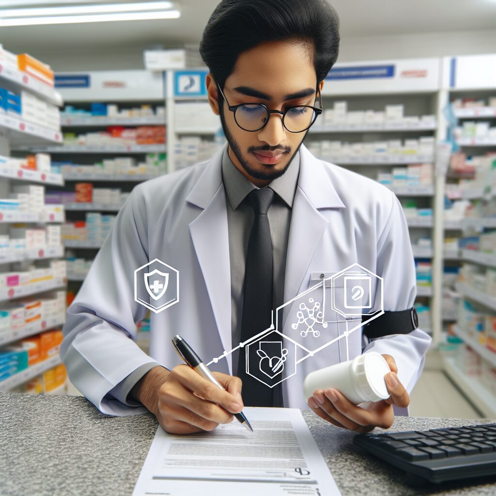 Un pharmacien vérifie une ordonnance avec soin, illustrant le contrôle strict des médicaments dans une pharmacie moderne, mettant en avant le thème du contrôle et de la sécurité médicale.