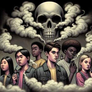 Illustration of a concerned group of teenagers vaping, surrounded by clouds of vapor with a shadowy silhouette of a skull, symbolizing danger and the threat of addiction.