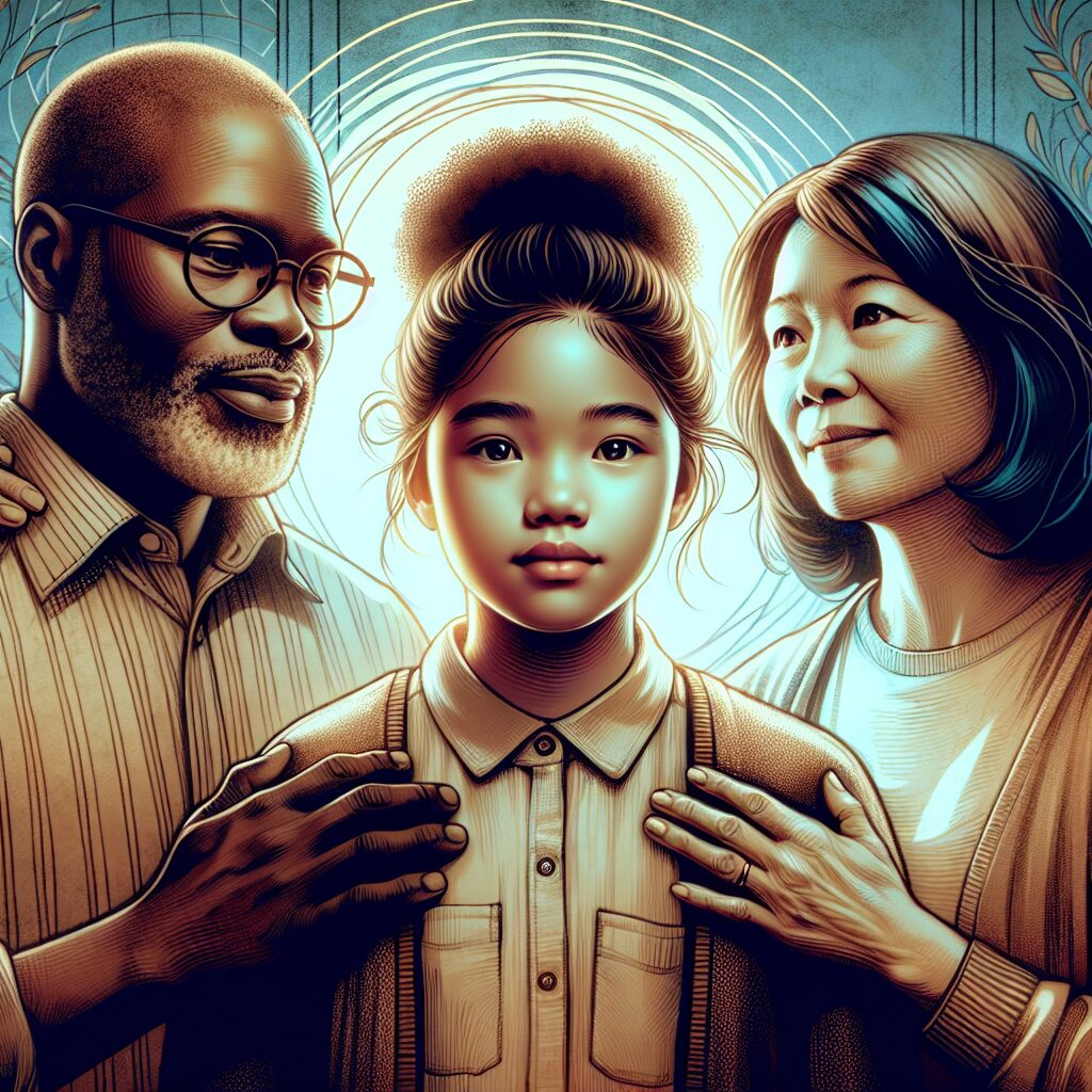 A touching and evocative illustration depicting a young girl, symbolizing Margot, surrounded by caring parents in a supportive environment, highlighting the emotional journey of battling a rare syndrome. The image should convey a sense of hope and family love, set in a warm and comforting atmosphere.