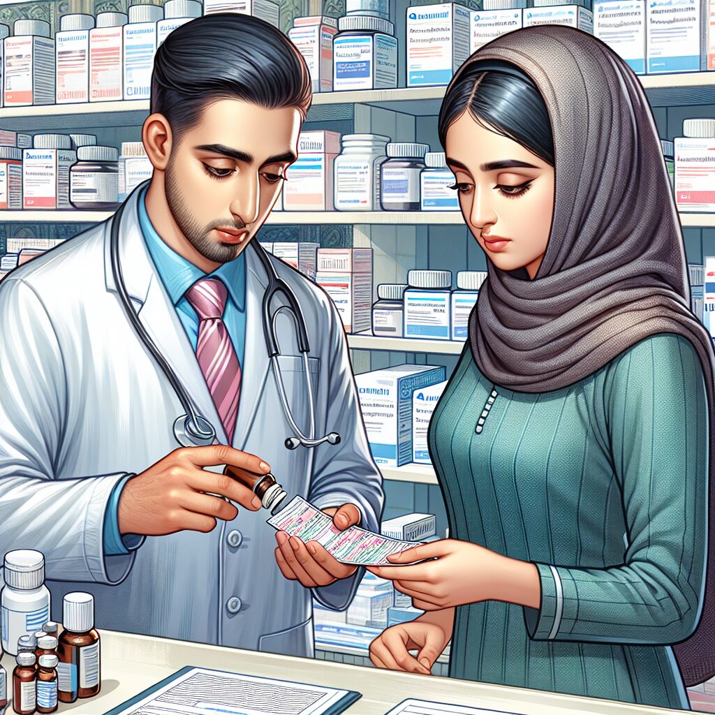 A detailed illustration showing a pharmacist verifying a prescription for antidiabetic medication with a patient in a medical pharmacy setting, highlighting the importance of regulation and monitoring in healthcare.