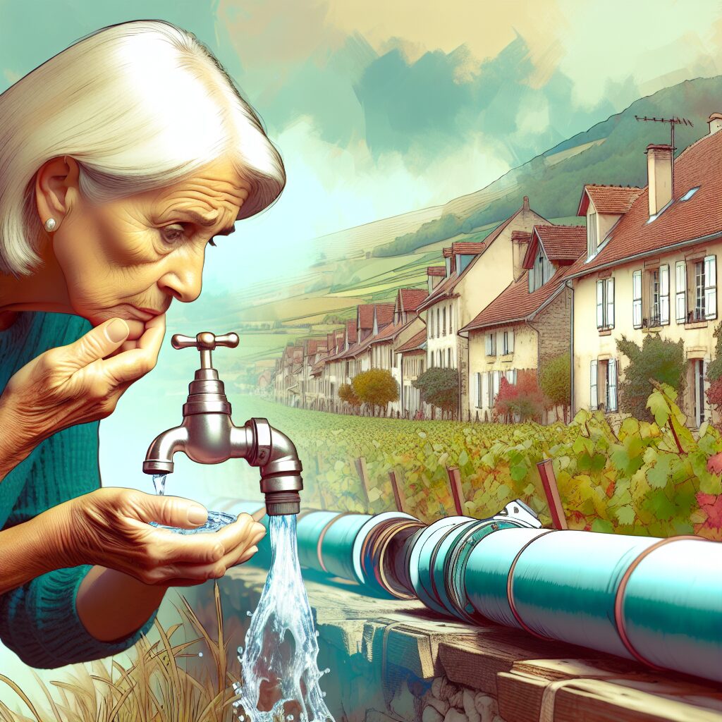 A concerned elderly woman looking at water flowing from a tap, with visible pipelines made of old PVC. Background should include a rural village in France. The image should convey the seriousness of water contamination.