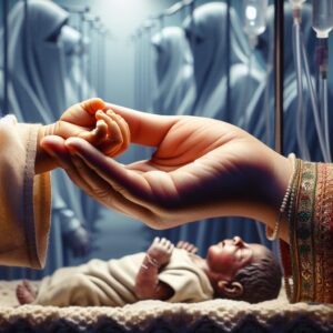 A solemn, artistic depiction of a pediatric doctor's hand gently holding a newborn's hand, symbolizing care and hope amidst clinical surroundings, to illustrate the gravity of infant mortality in Europe.