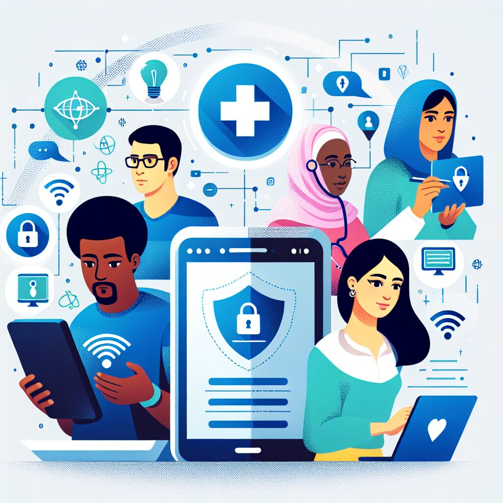 A digital illustration of people of diverse backgrounds using a digital health service on smartphones and computers, with elements symbolizing connectivity and security, representing the widespread adoption of Ameli account in France.