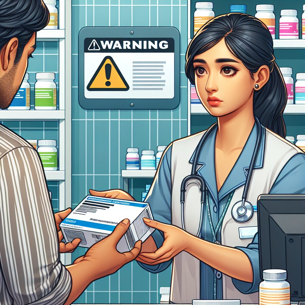 An illustrative image showing a concerned pharmacist handing a medication package to a patient, with a visible warning sign about prescription verification. The background should capture a typical pharmacy setting with shelves of medications visible.