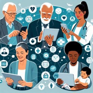 A digital illustration featuring people of various ages and backgrounds using digital devices, like smartphones and computers, to access online health services, symbolizing the widespread adoption of digital health management in France. The background shows icons of health services digitally connected.