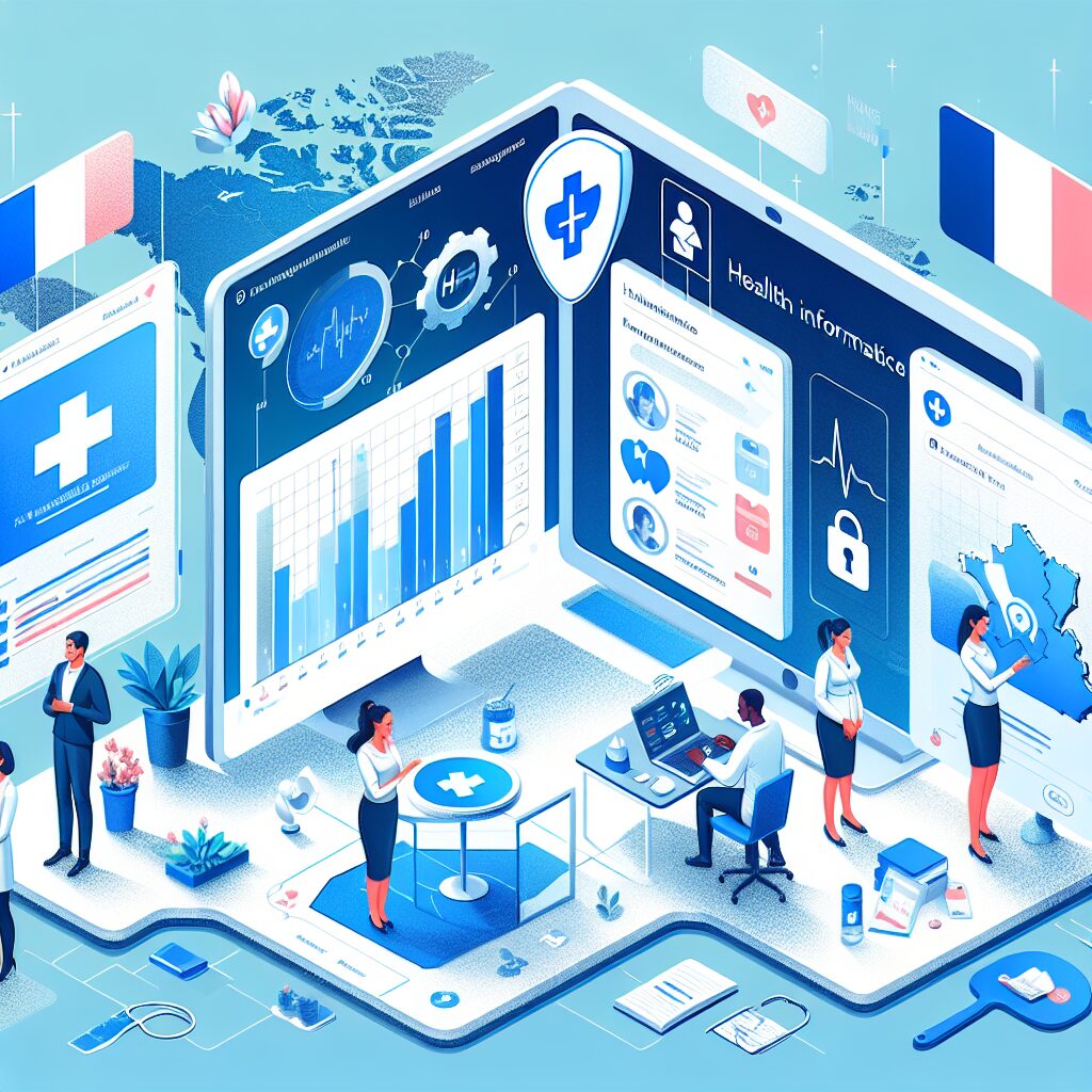 Illustration d'une plateforme de santé numérique moderne, avec des graphiques de données sécurisées et interactives, symbolisant l'interconnexion des informations de santé en France.