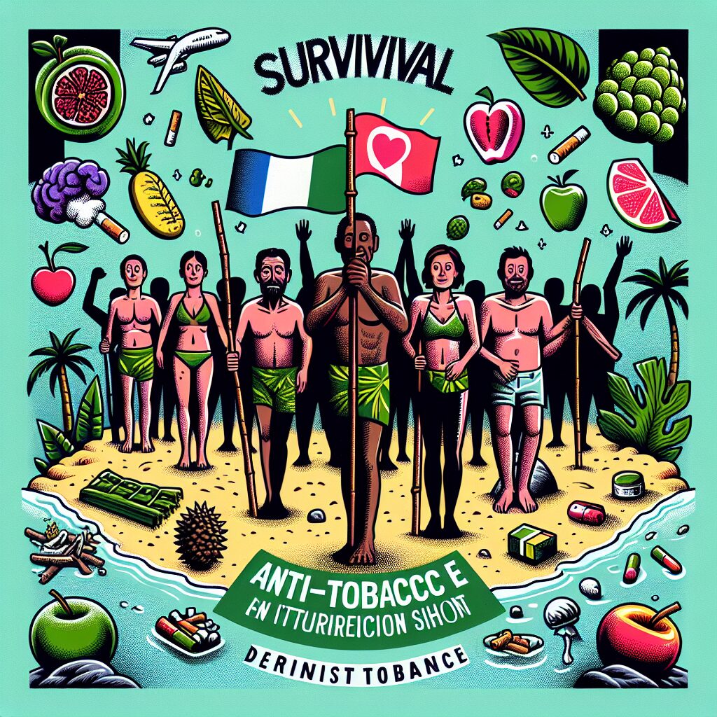 Illustration d'une campagne anti-tabac innovante et motivante en France, intégrant l'univers de Koh-Lanta, avec des éléments de persévérance et espoir, incluant des symboles de santé.