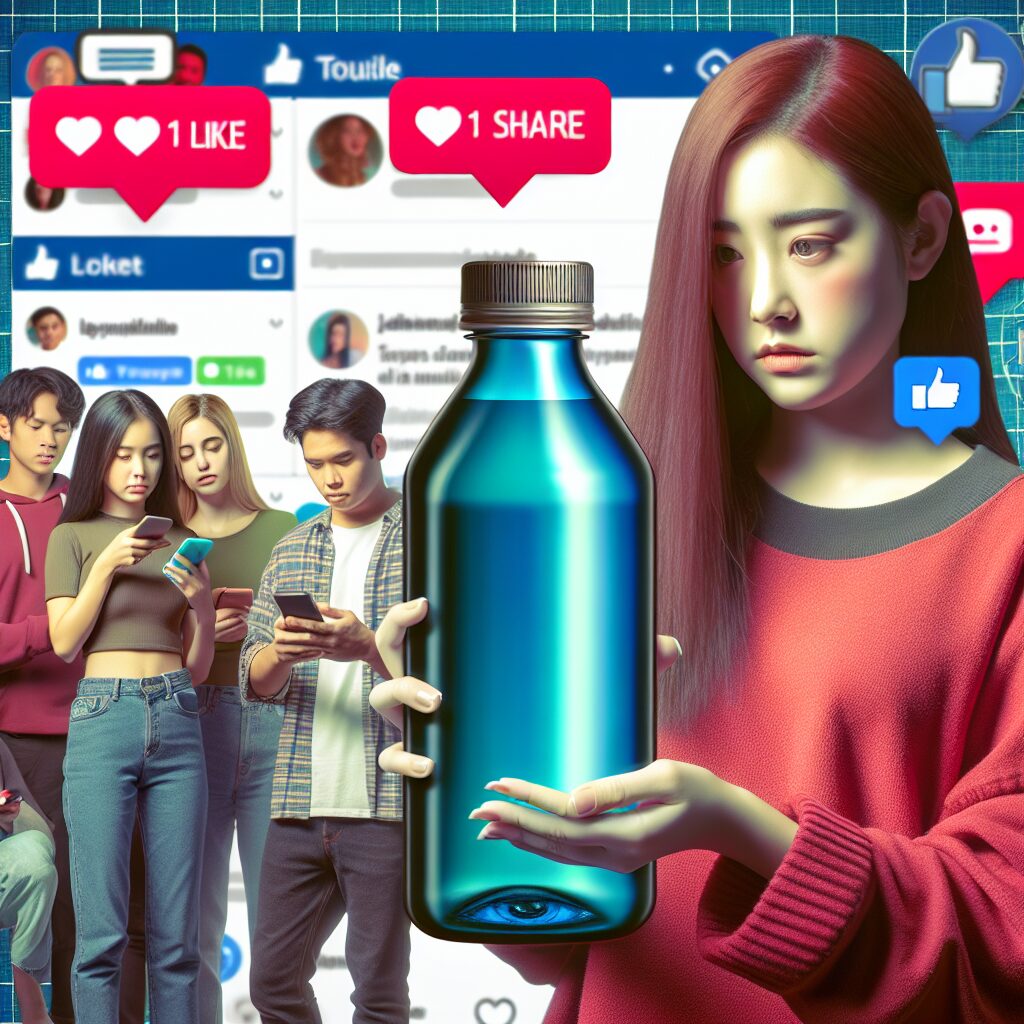 A group of teenagers in a concerning social media setting, with one holding a large bottle of pills in a highlighted manner, symbolizing the risky challenge associated with paracetamol consumption on social media platforms.