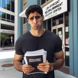 A young man looking disappointed and frustrated, standing outside a police recruitment office, holding medical documents, illustrating the struggle of people with chronic illnesses facing discrimination in employment.