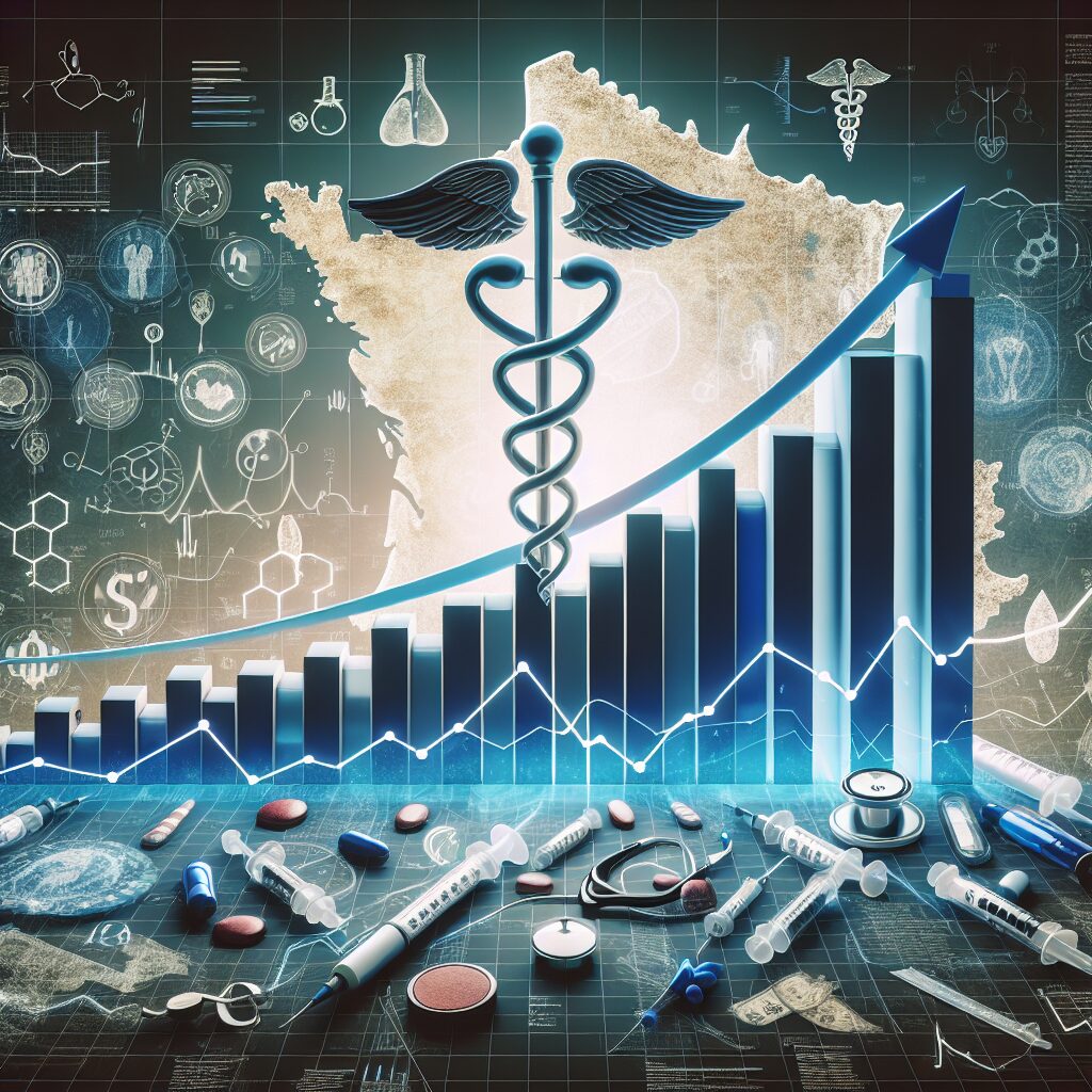 A symbolic image representing diabetes in France, showcasing rising graphs or statistics, with a backdrop of medical symbols and a map of France. The tone is serious and informative, reflecting the growing public health concern.