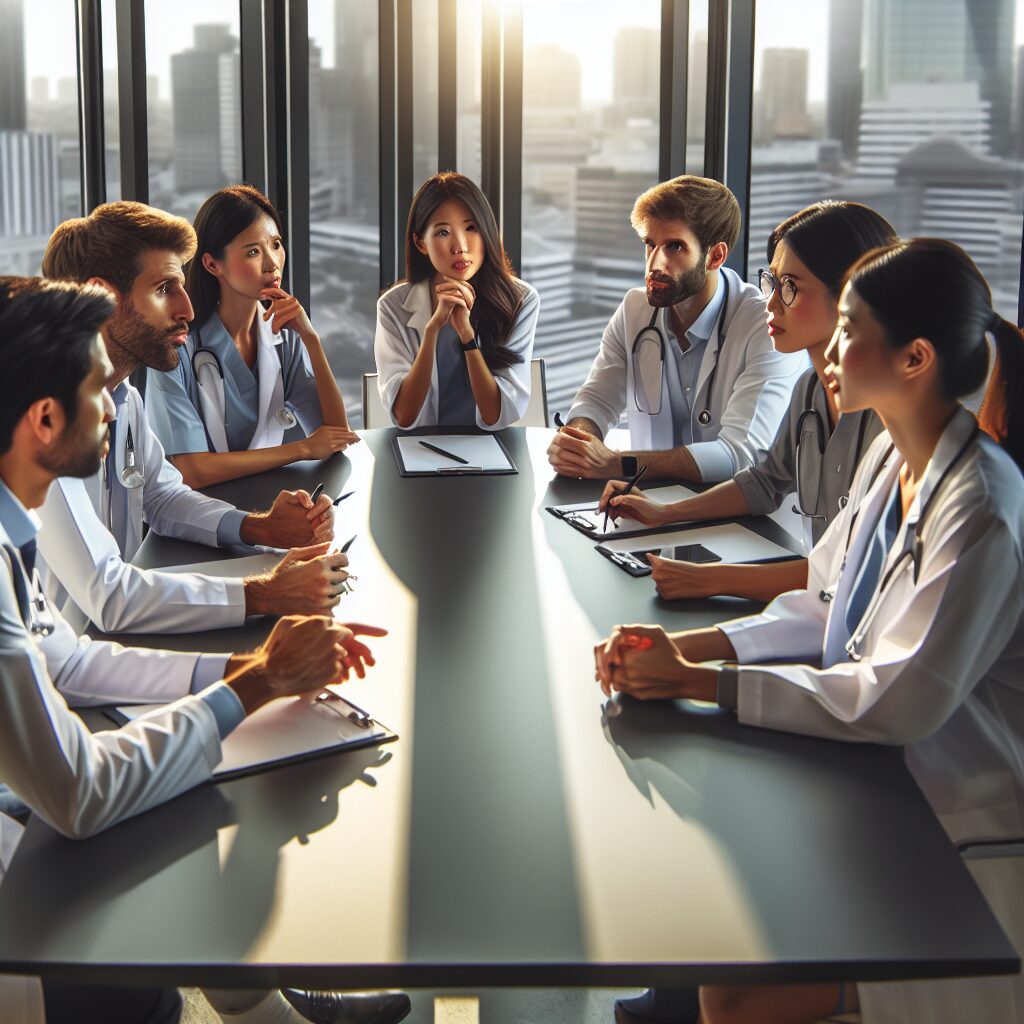 A diverse group of experts and healthcare professionals engaged in a serious discussion around a large table, with visible expressions of thoughtfulness and collaboration, in a modern conference room with large windows hinting at a metropolitan skyline.