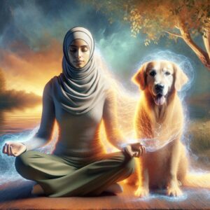 A detailed illustration of a human and a dog in peaceful coexistence, with the human meditating, depicting the concept of emotional transfer between humans and dogs. The dog is visibly calm, showing a close bond with the human. The ambiance is serene, representing tranquility and connection.