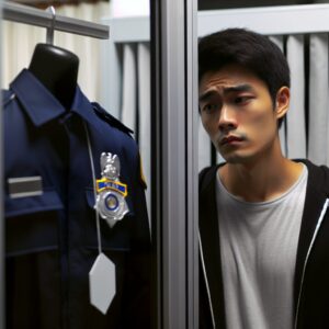 A young man looking at a police uniform through a closed glass door, symbolizing the barrier imposed by his diabetes, with expressions of determination and disappointment on his face.