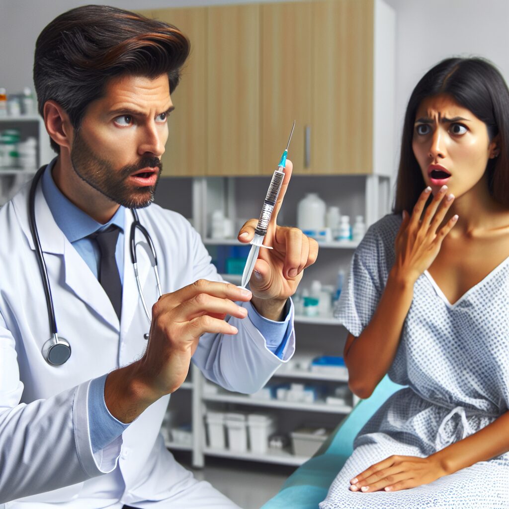 A medical scene showing a doctor warning about the dangers of illegal Botox injections, with a close-up of a syringe and an alarmed patient in a clinical setting.